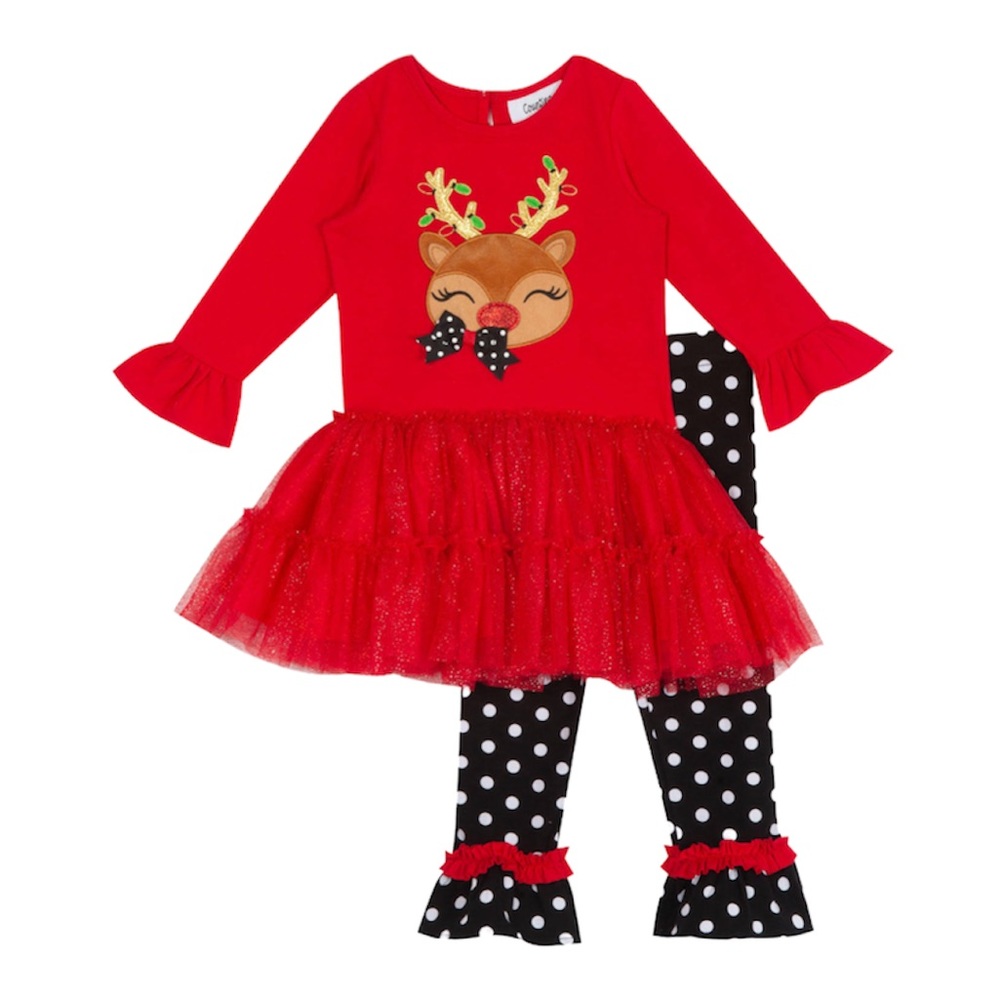 Counting Daisies Red Nosed Reindeer Face Tutu Skirted Dress & Dotted Legging Set